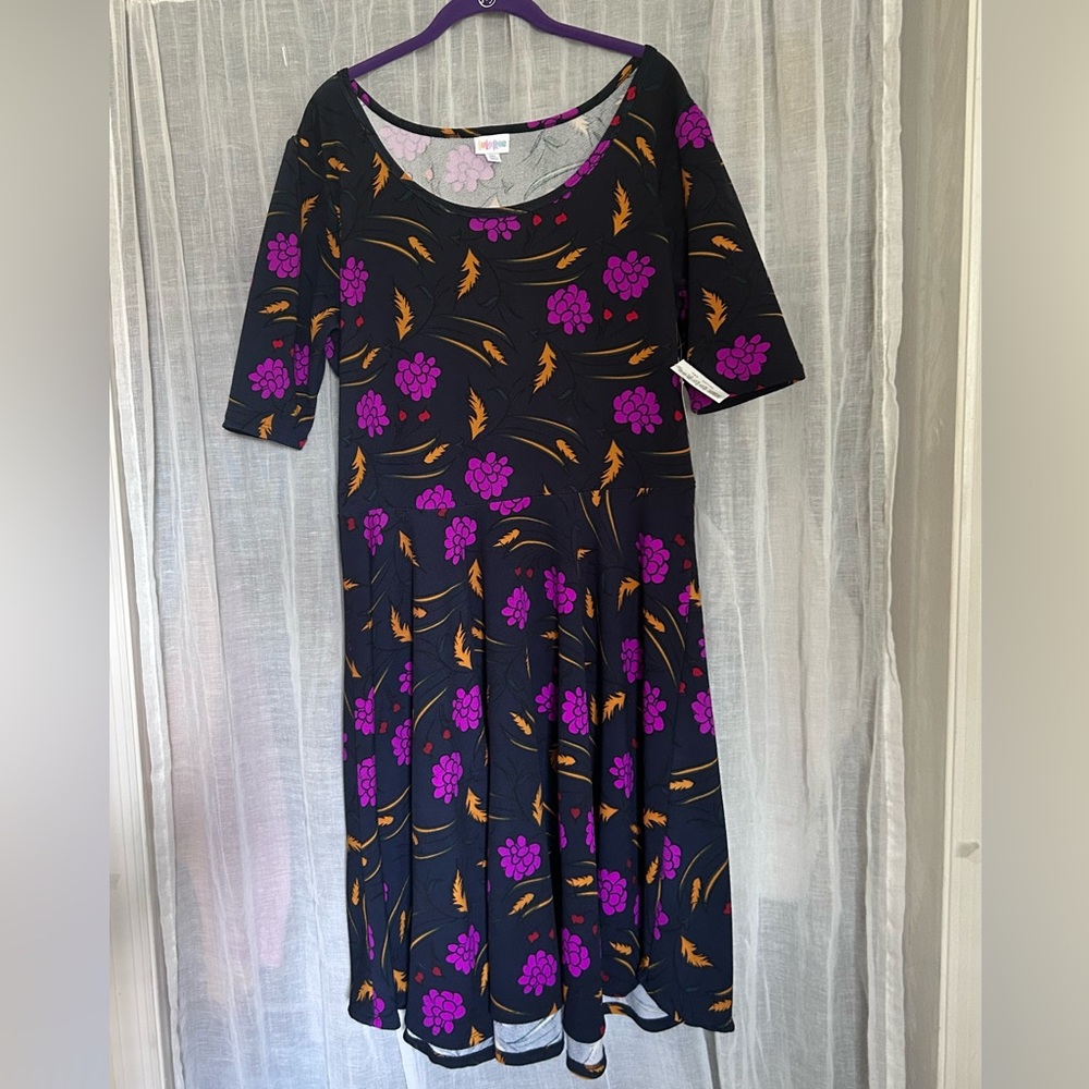LuLaRoe Nicole Black Dress with Purple and Orange Floral Design
